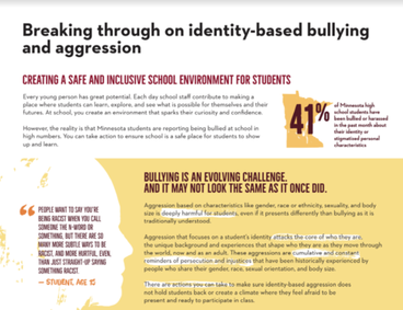 A snippet of the teacher's factsheet on bias-based bullying, featuring yellow and maroon graphics